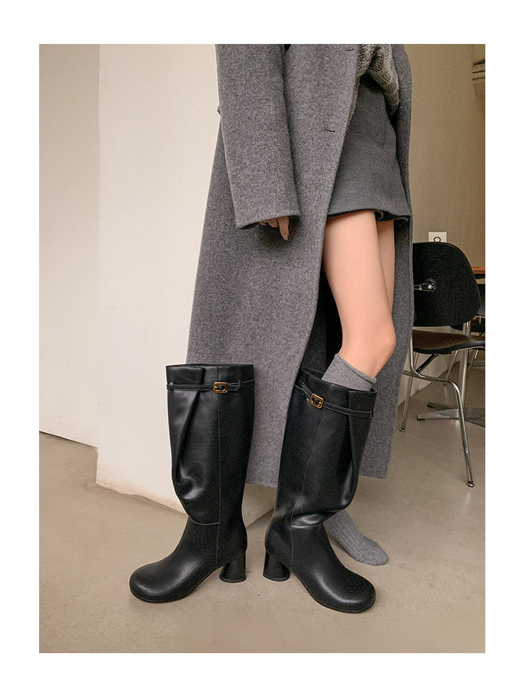 Karin Luna In Stock In Stock Mango Head Large Tube Belt Buckle Chunky Heel Long Boots