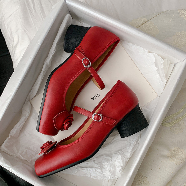 Karin Luna In Stock Spot Goods  Vintage Three-Dimensional Camellia Square-Toed Mary Jane Shoes
