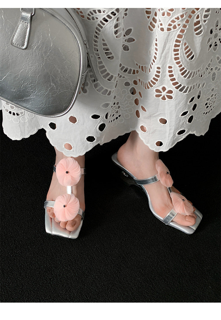 Karin Luna Hot-Selling Floral Square Toe Irregular Heel Floral Slippers