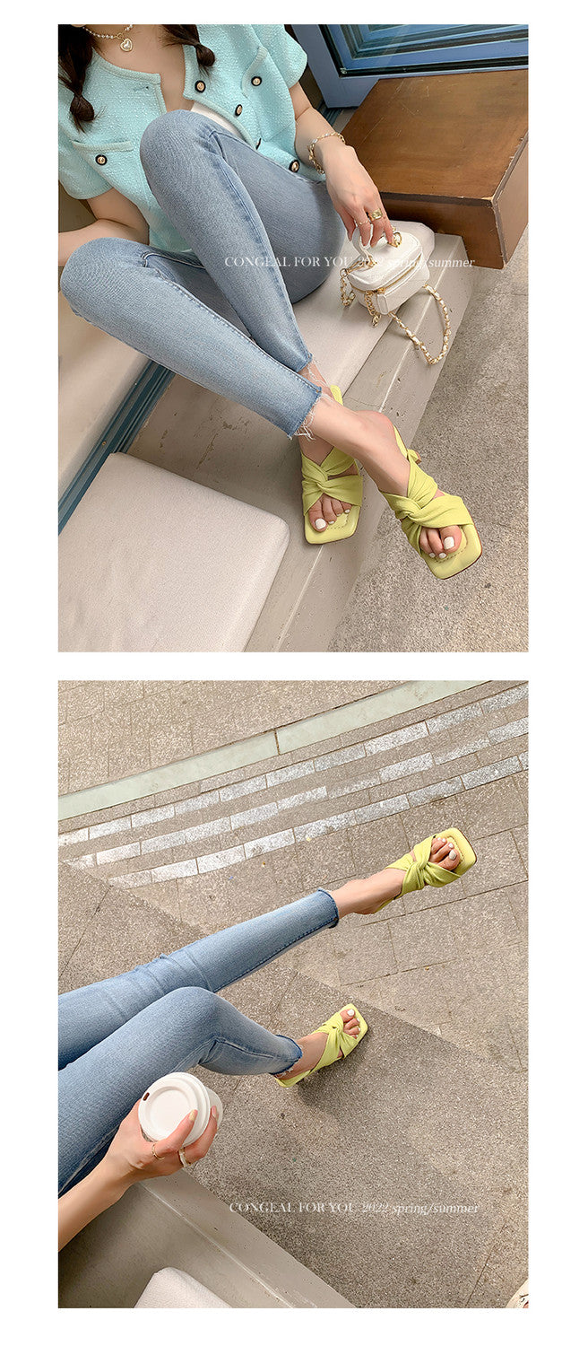 Karin Luna In Stock In Stock  Comfortable Cross Strap  Airy High Heel Square Toe Slippers