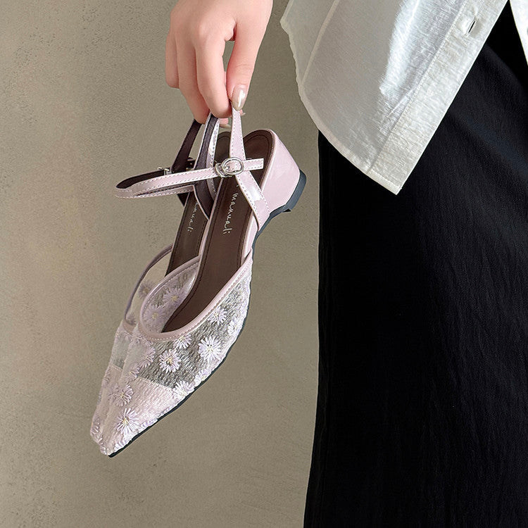 Karin Luna In Stock Spot Goods Embroidered Daisy Sheepskin Mesh Elegant Closed-Toe Slippers