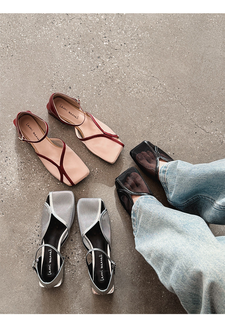 Karin Luna In Stock In Stock  Internet Celebrity Style Square Toe Mesh Chunky Heel Sandals