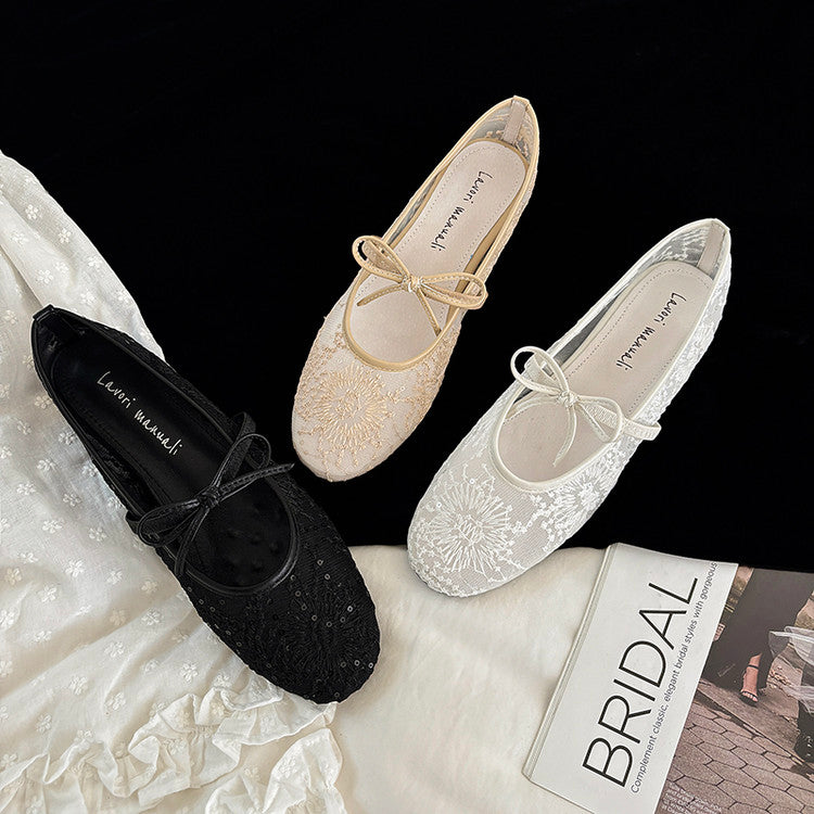 Karin Luna In Stock Spot Goods  Summer Breathable Retro Embroidered Bow Granny Shoes