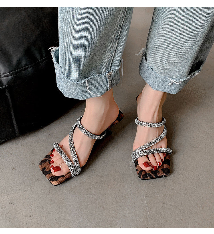 Karin Luna In Stock Spot Goods  Rhinestone One-Strap Irregular Heel Square-Toe Slippers