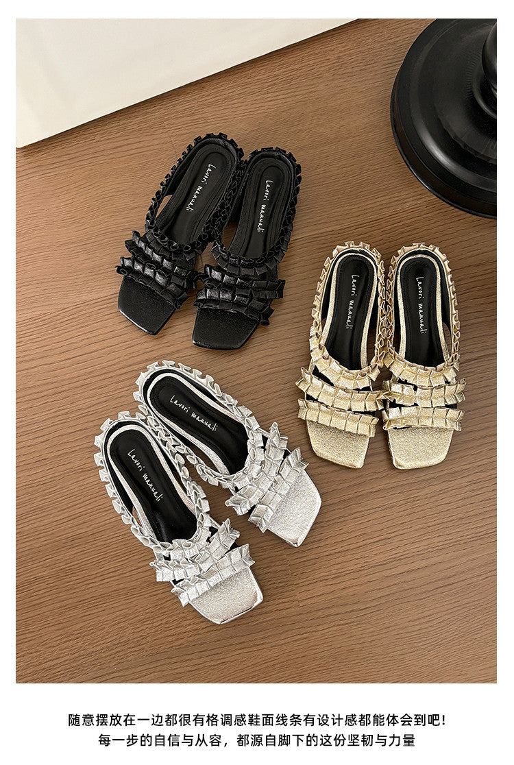 Karin Luna In Stock   Spot Goods  Niche Design Square-Toed Pleated Flat Slippers