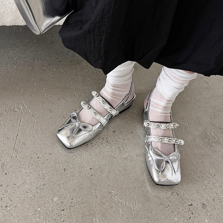 Karin Luna In Stock In Stock  Square Toe Bowknot Pearl Strap Closed-Toe Sandals