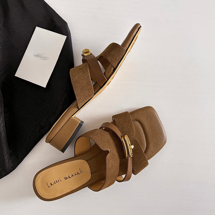Karin Luna Comfortable Gold Buckle Square Toe Chunky Heel Casual Style Slippers