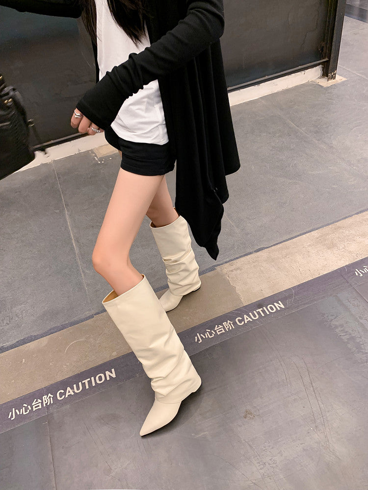 Karin Luna Elegant Style Pointed Toe Hidden Wedge Long Boots