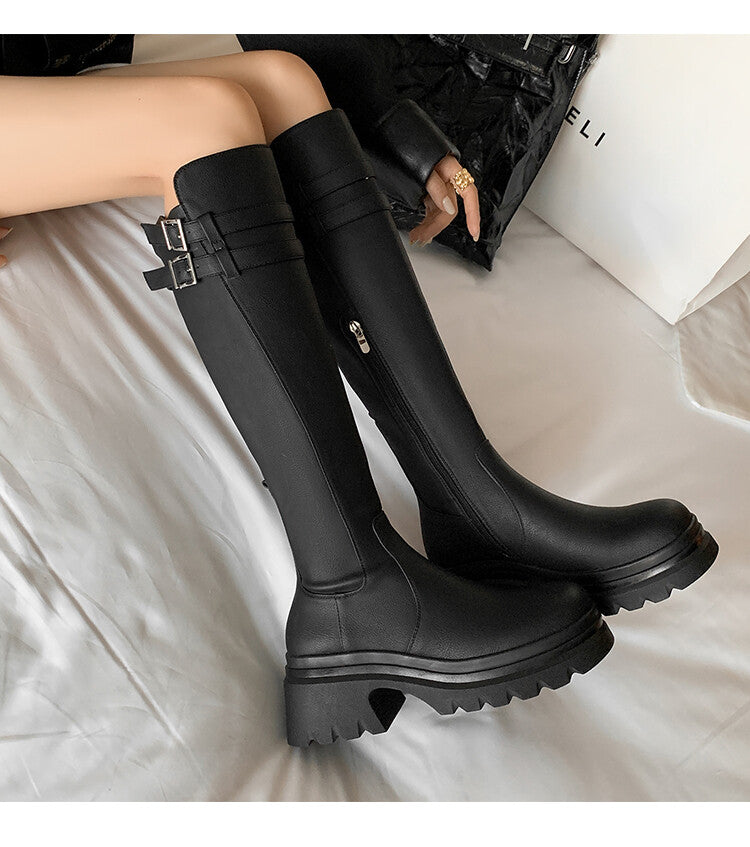 Karin Luna In Stock  Round Toe Thick Sole Casual Belt Buckle Long Boots