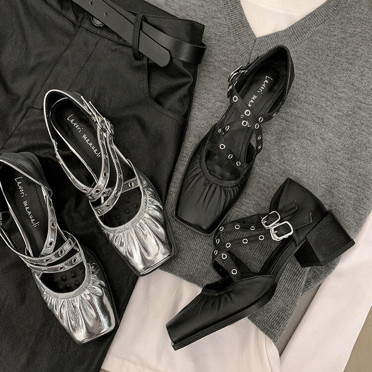 Karin Luna In Stock Spot Goods First Layer Sheepskin Cross Strap Rivet Square Toe Mary Jane Sandals