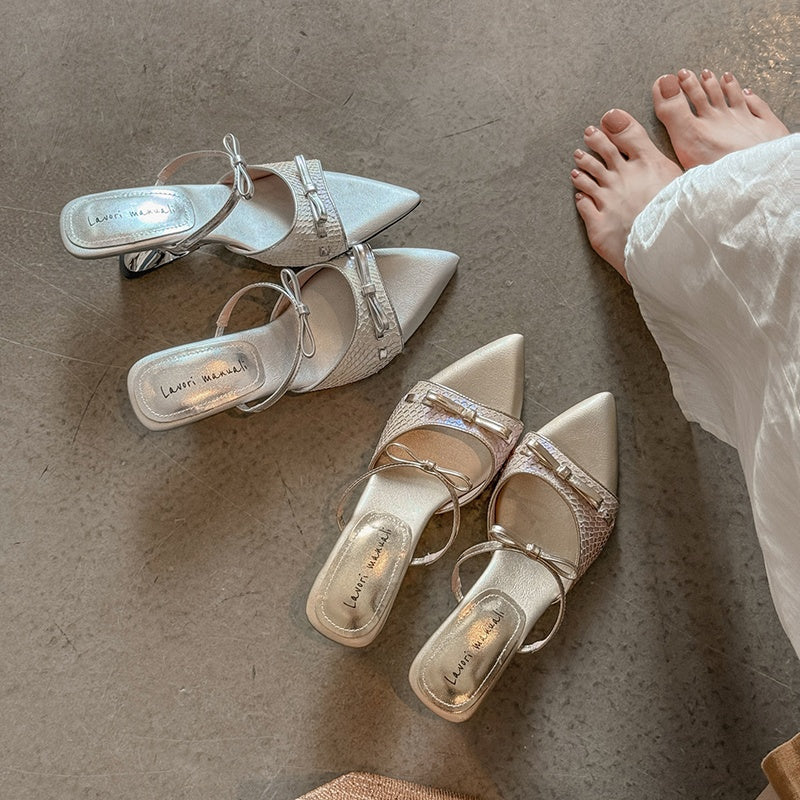 Karin Luna Fish Skin Series~Pointed Toe Irregular Heel Bowknot Strap Slippers