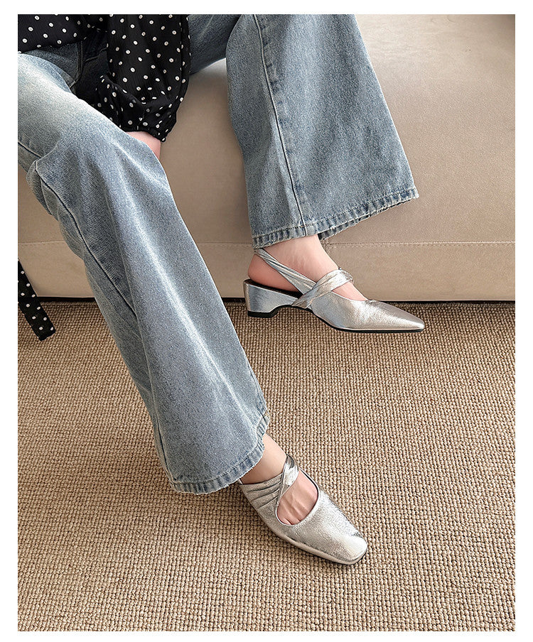 Karin Luna In Stock  Spot Goods Small Square Toe Wrinkled Chunky Heel Closed-Toe Sandals