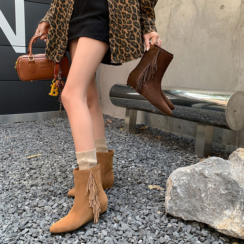 Karin Luna In Stock Spot Goods Tassel Square Toe Hidden Wedge Short Boots