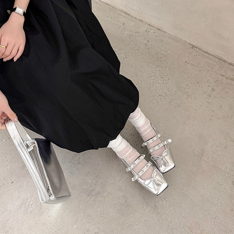 Karin Luna In Stock In Stock  Square Toe Bowknot Pearl Strap Closed-Toe Sandals