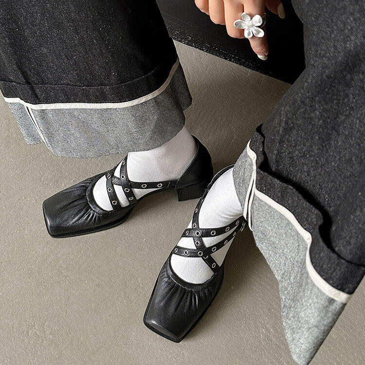 Karin Luna In Stock Spot Goods First Layer Sheepskin Cross Strap Rivet Square Toe Mary Jane Sandals