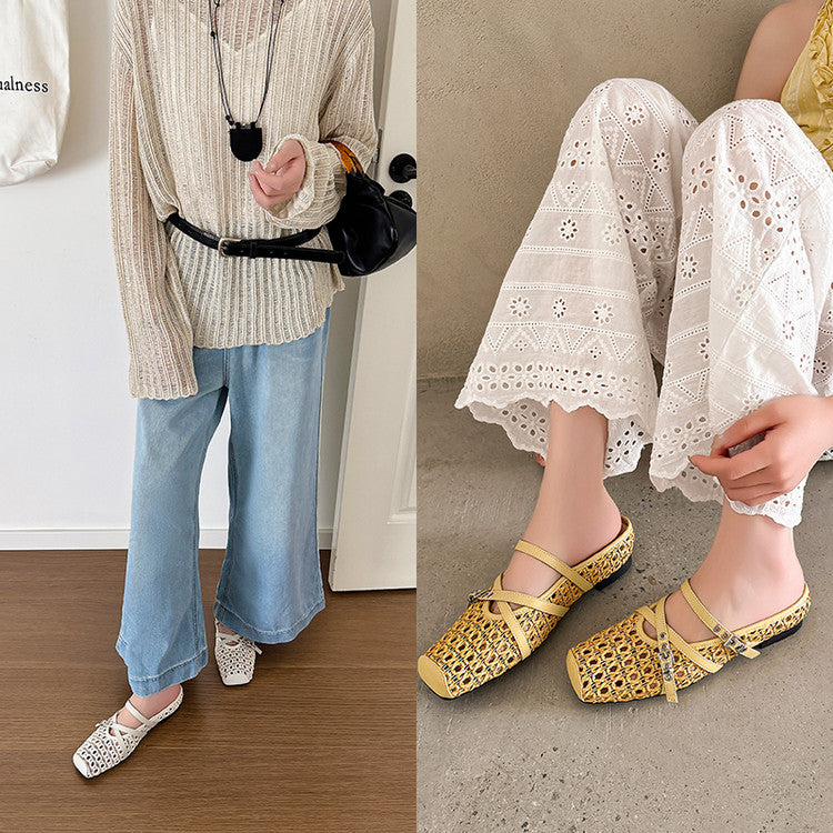 Karin Luna In Stock Spot Goods  Hot-Selling Square-Toe Woven Pig Nose Closed-Toe Slippers