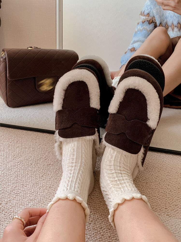 Karin Luna In Stock Look~This is such thick lamb wool Winter Atmosphere！Cowhide Leather Lamb Wool Round Toe Flat Sole Half Support！