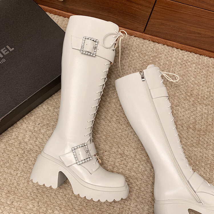 Karin Luna In Stock Spot Goods Bestselling Extended Version Rhinestone Square Buckle Thick Sole Lace-up Thick Sole Full Cowhide Knight Boots