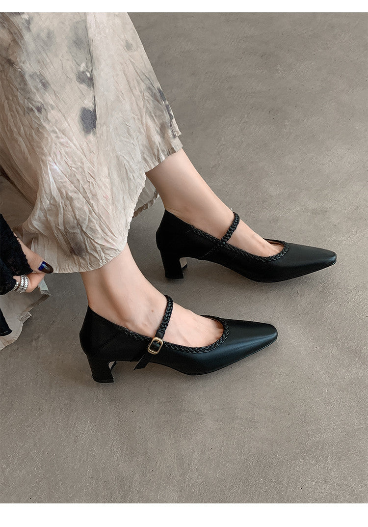 Karin Luna Braided Element Design Chunky Heel Square Toe Single Strap Shoes