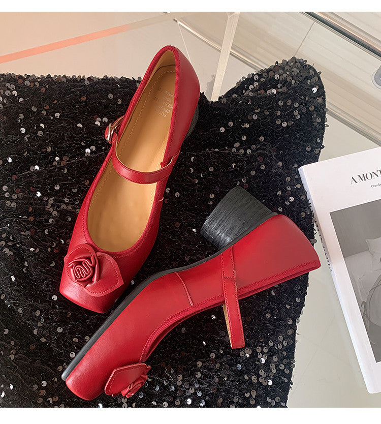 Karin Luna In Stock Spot Goods  Vintage Three-Dimensional Camellia Square-Toed Mary Jane Shoes