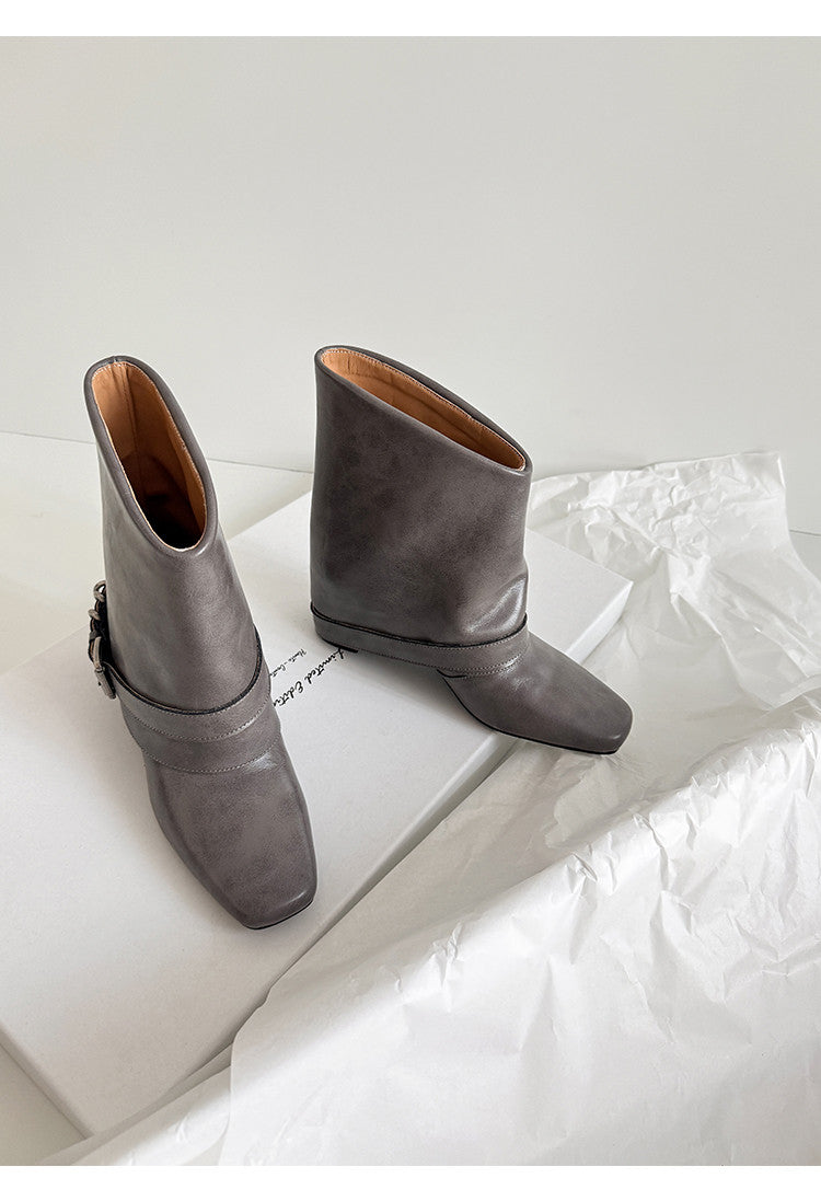 Karin Luna Data Hot Item Square Toe Hidden Wedge Belt Buckle Suede Ankle Boots
