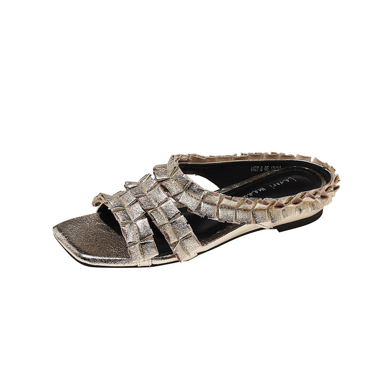 Karin Luna In Stock   Spot Goods  Niche Design Square-Toed Pleated Flat Slippers