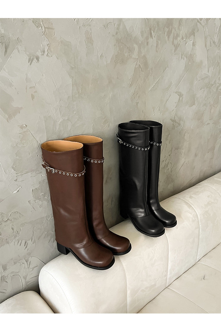 Karin Luna In Stock Spot Goods Belt Buckle Color-Washed Casual Thick-Soled Bootcut Pants Boots