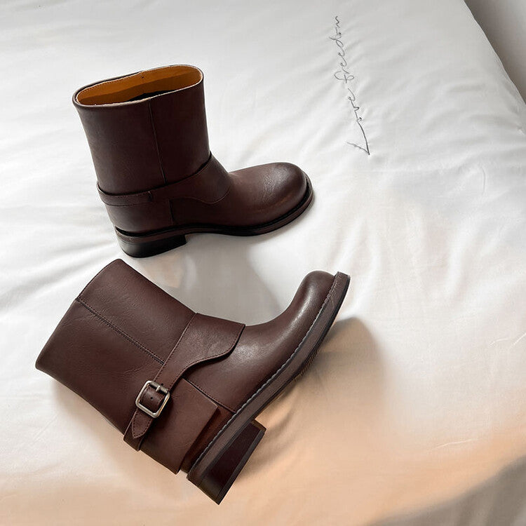 Karin Luna Belt Buckle Chunky Heel Fashion Short Boots