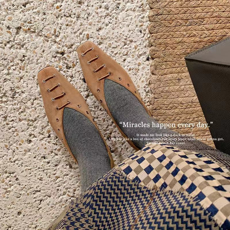 Karin Luna In Stock Spot Goods    Old Money Style Square Toe Suede Flats