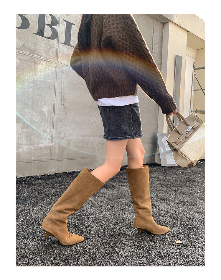 Karin Luna In Stock Spot Goods Retro Cowhide Pointed Toe Stiletto Elegant Long Boots