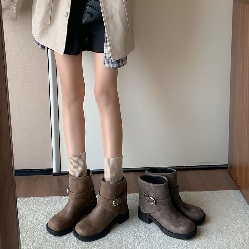 Karin Luna In Stock Spot Goods Versatile Basic Round Toe Belt Buckle Thick Sole Tube Boots