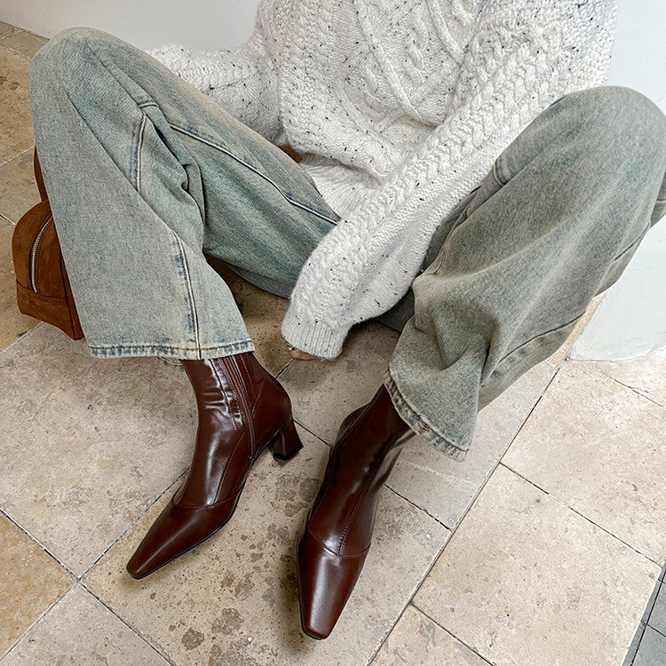 Karin Luna Elegant Small Square Toe Chunky Heel Slim Boots