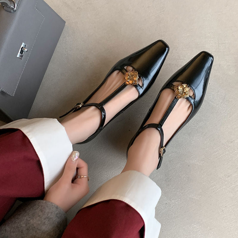 Karin Luna In Stock Spot Goods    Retro Classic Metal Camellia Irregular Heel Single Shoes
