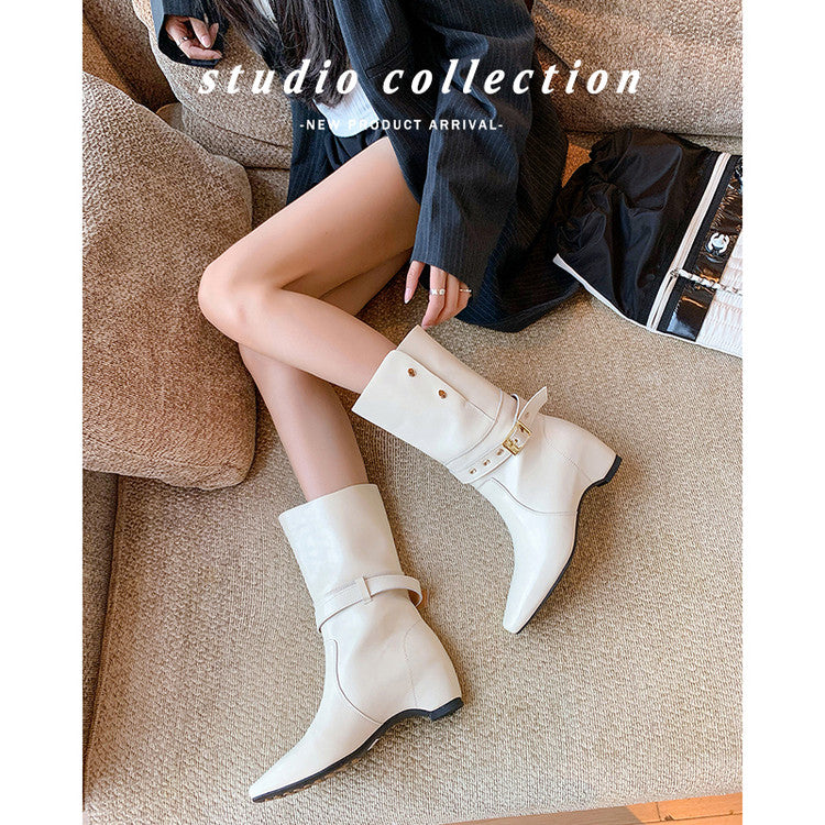 Karin Luna Foldable Belt Buckle Square Toe Hidden Wedge Short Boots