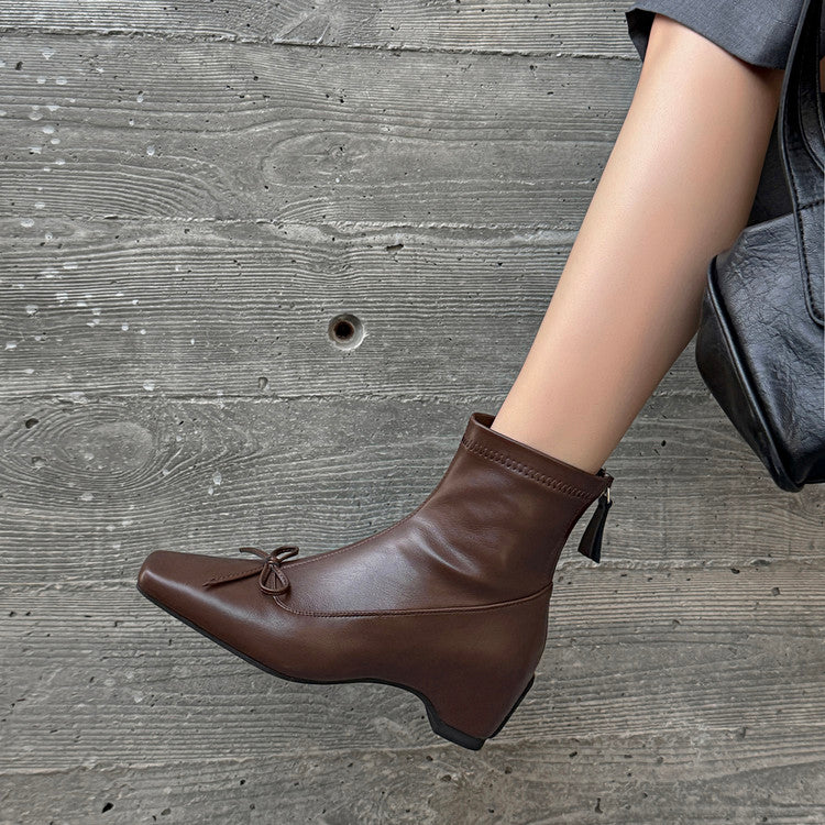 Karin Luna French Style Square Toe Bowknot Hidden Wedge Slim Boots