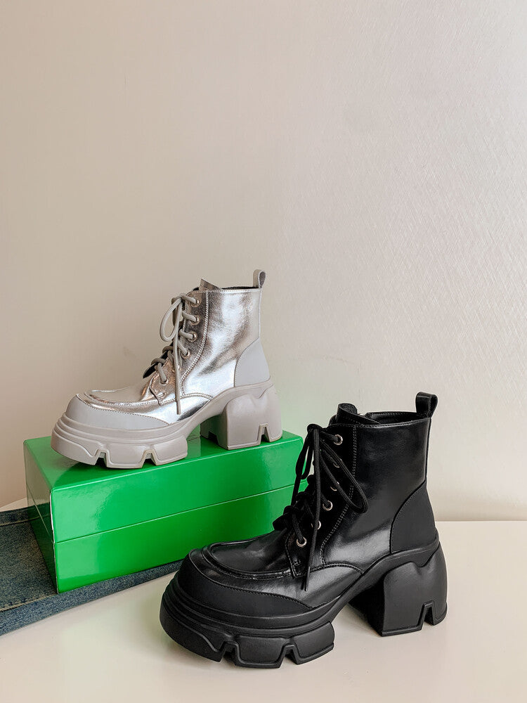 Karin Luna Casual Thick Sole Full Cowhide Lace-up Thick-soled Short Boots   Classic All-Matching