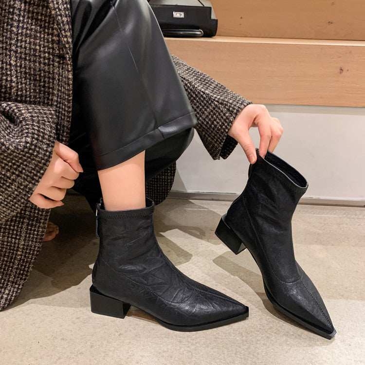 Karin Luna Elegant Style Pointed Toe Chunky Heel Short Boots