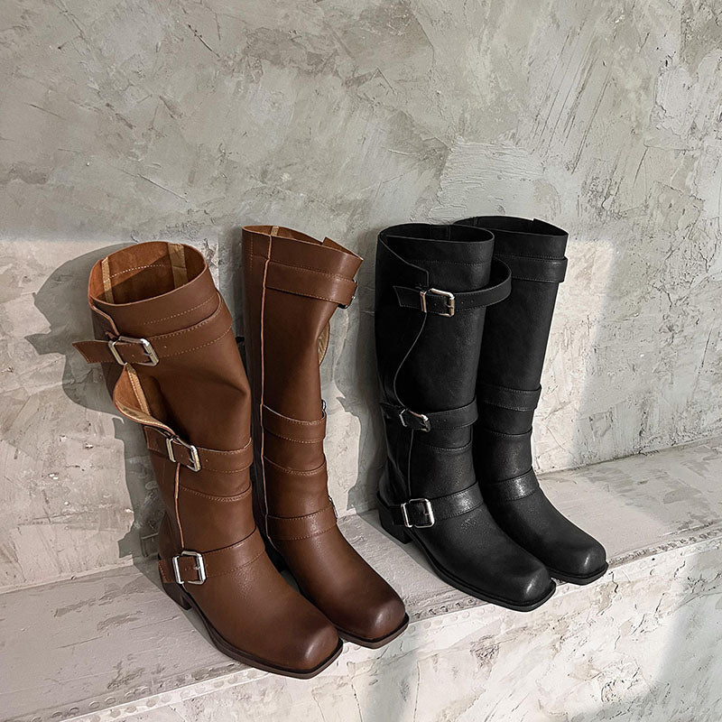 Karin Luna In Stock In Stock European and American Style Square Toe Thick Sole Belt Buckle Long Boots