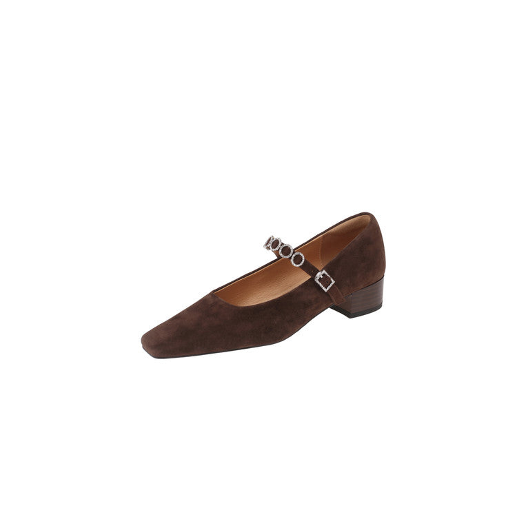 Karin Luna In Stock Spot Goods  Vintage Full Leather Square Toe Rhinestone Strap Shallow Mouth Single Shoes
