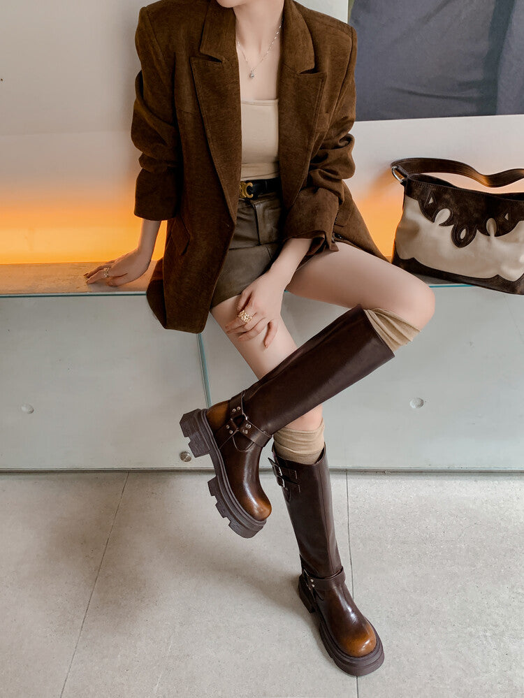 Karin Luna Full Cowhide  miumiu Popular Round Toe Thick Sole Beautiful and height-increasing