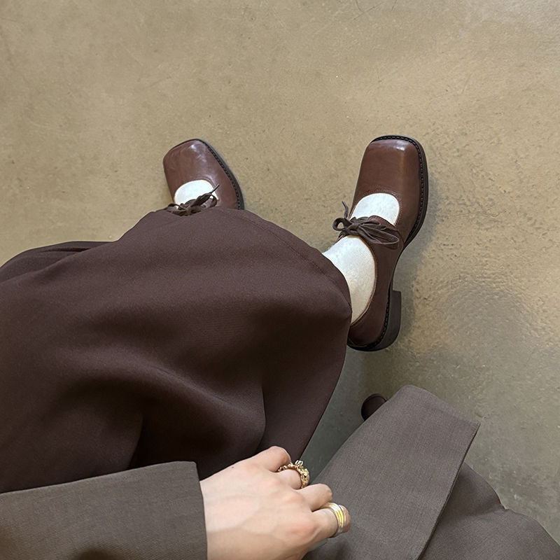 Karin Luna In Stock Spot Goods   Full leather inside and out Vegetable Tanned Hand-Grabbed Sheepskin Square-Toed Chunky Heel Single Shoes