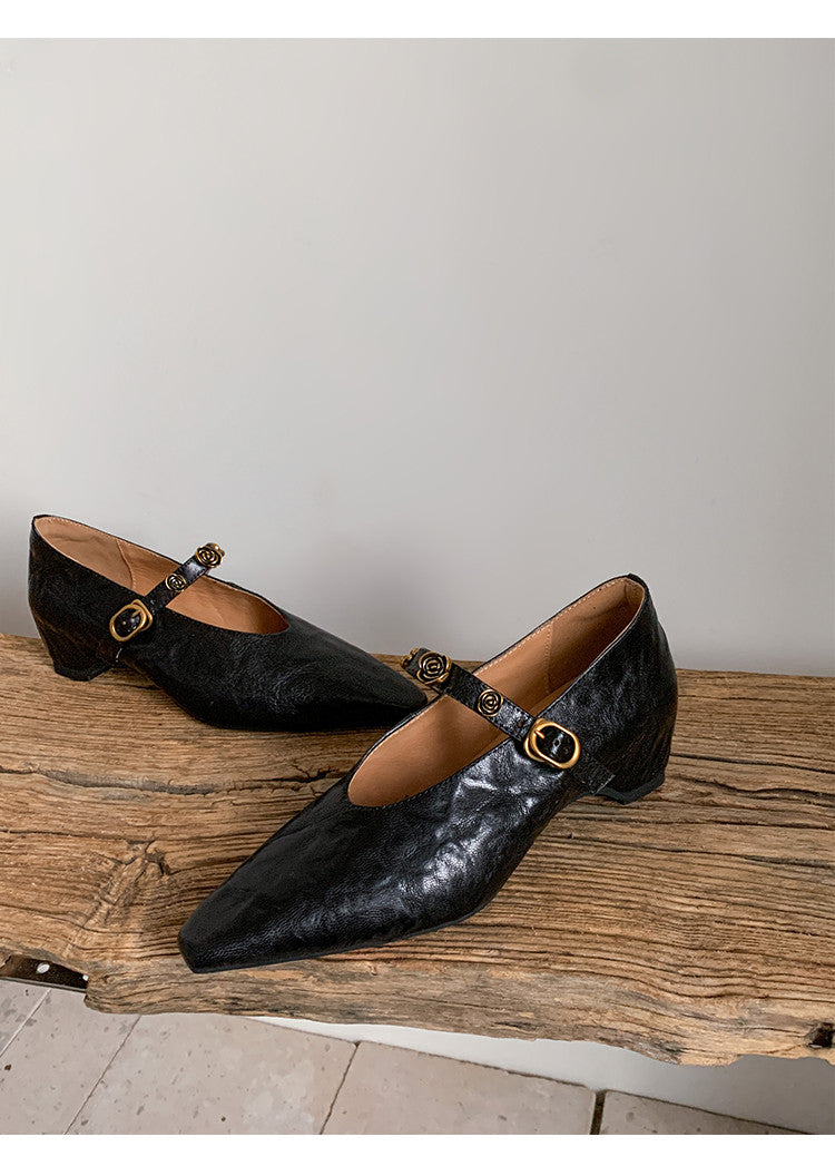 Karin Luna In Stock Spot Goods    Retro Classic Metal Camellia Irregular Heel Single Shoes