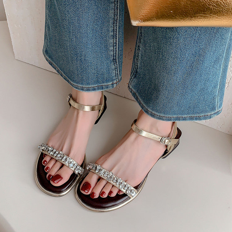 Karin Luna In Stock In Stock  Rhinestone Strap Round Toe Chunky Heel Sandals