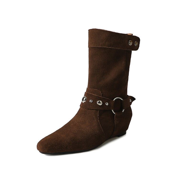 Karin Luna has prepared stock  Hot-Selling Retro Pointed Toe Wedge Metal Buckle High Tube Western Boots