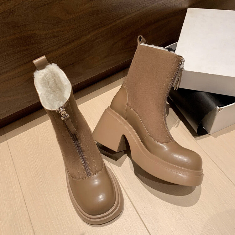 Karin Luna Basic Bestseller Timeless Thick Fur Lined Round Toe Thick Sole Cowhide Snow Boots