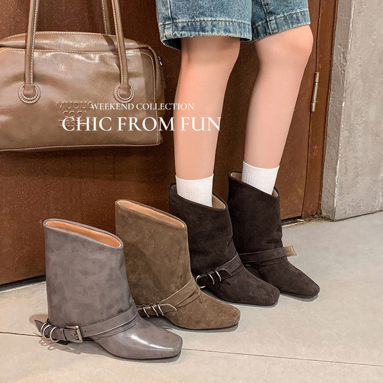 Karin Luna Data Hot Item Square Toe Hidden Wedge Belt Buckle Suede Ankle Boots