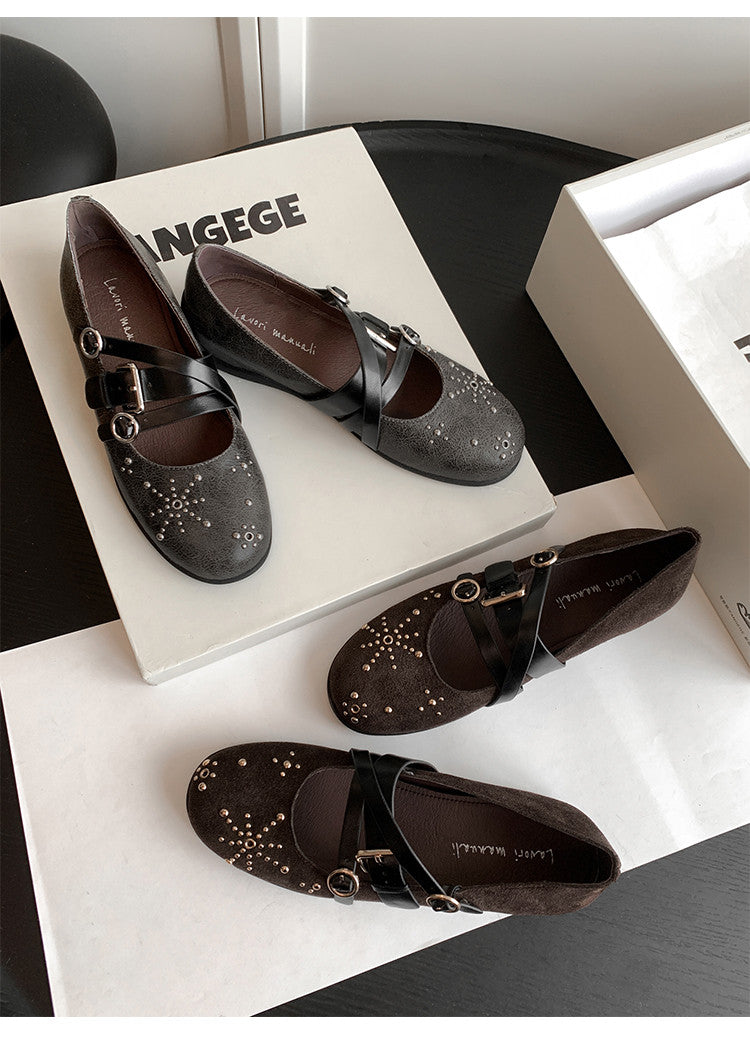 Karin Luna In Stock Spot Goods Studded Rivet Hidden Wedge Mary Jane Shoes