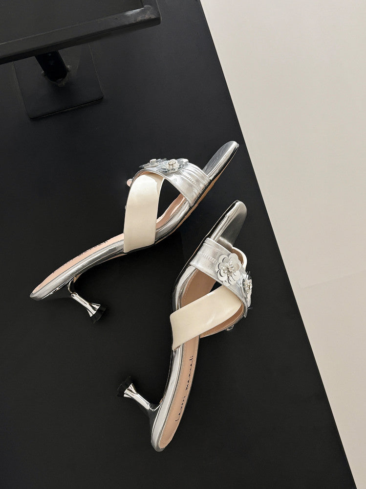 Karin Luna In Stock Spot Goods  Sequin Floral Cross Strap Square Toe Stiletto Slippers