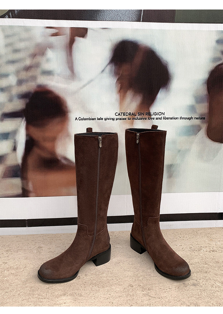 Karin Luna In Stock Spot Goods Basic Retro Square Toe Chunky Heel Riding Boots