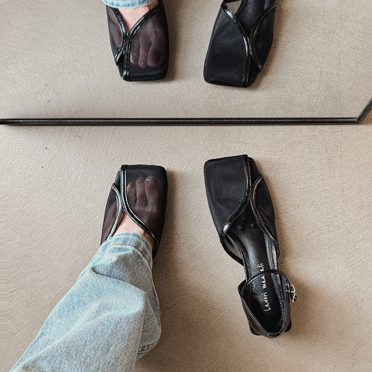 Karin Luna In Stock In Stock  Internet Celebrity Style Square Toe Mesh Chunky Heel Sandals